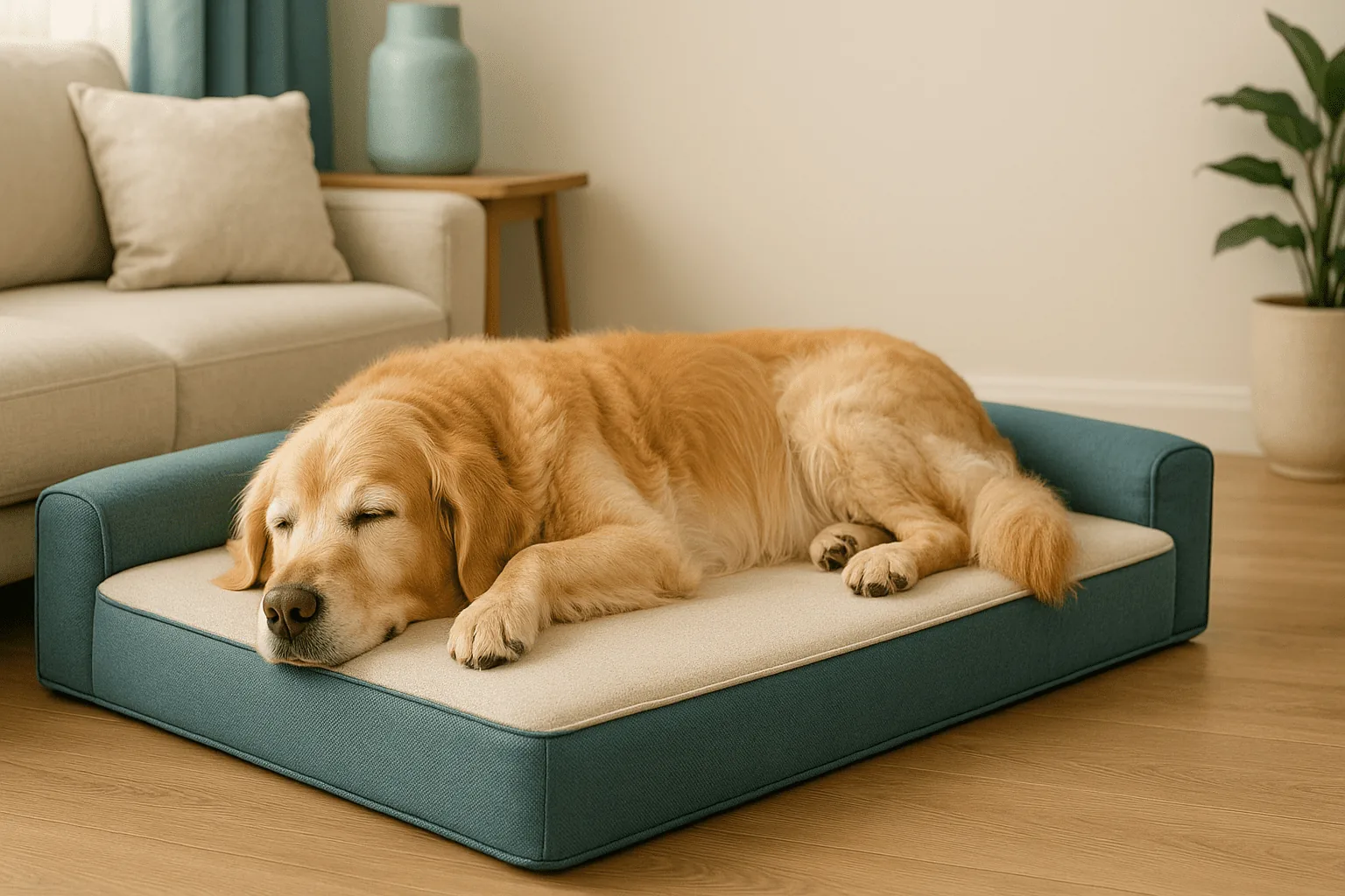 Senior golden retriever sleeping stretched out on a thick orthopedic dog bed with a low bolster
