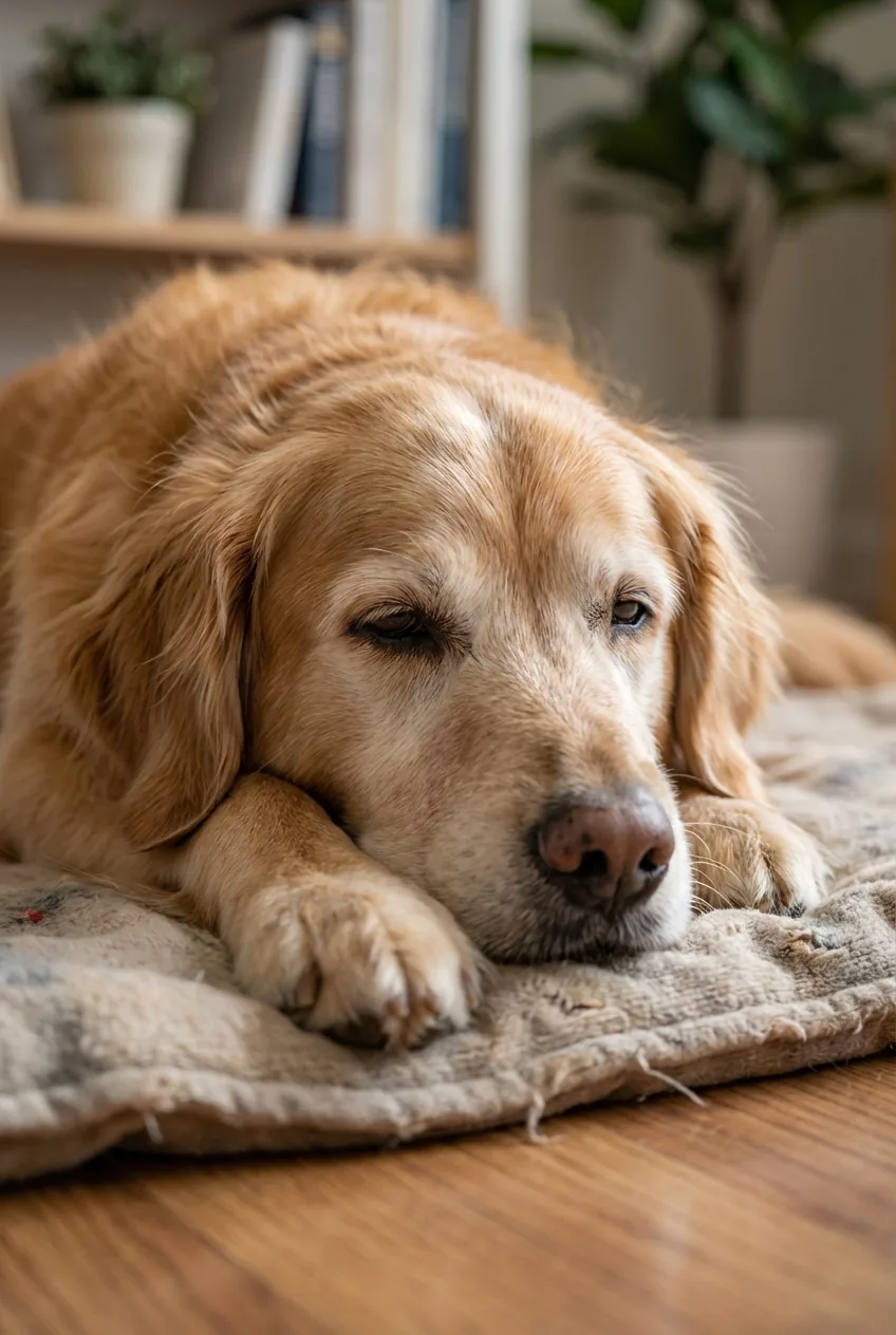 Senior golden retriever with a greying muzzle resting its head on its paws at home